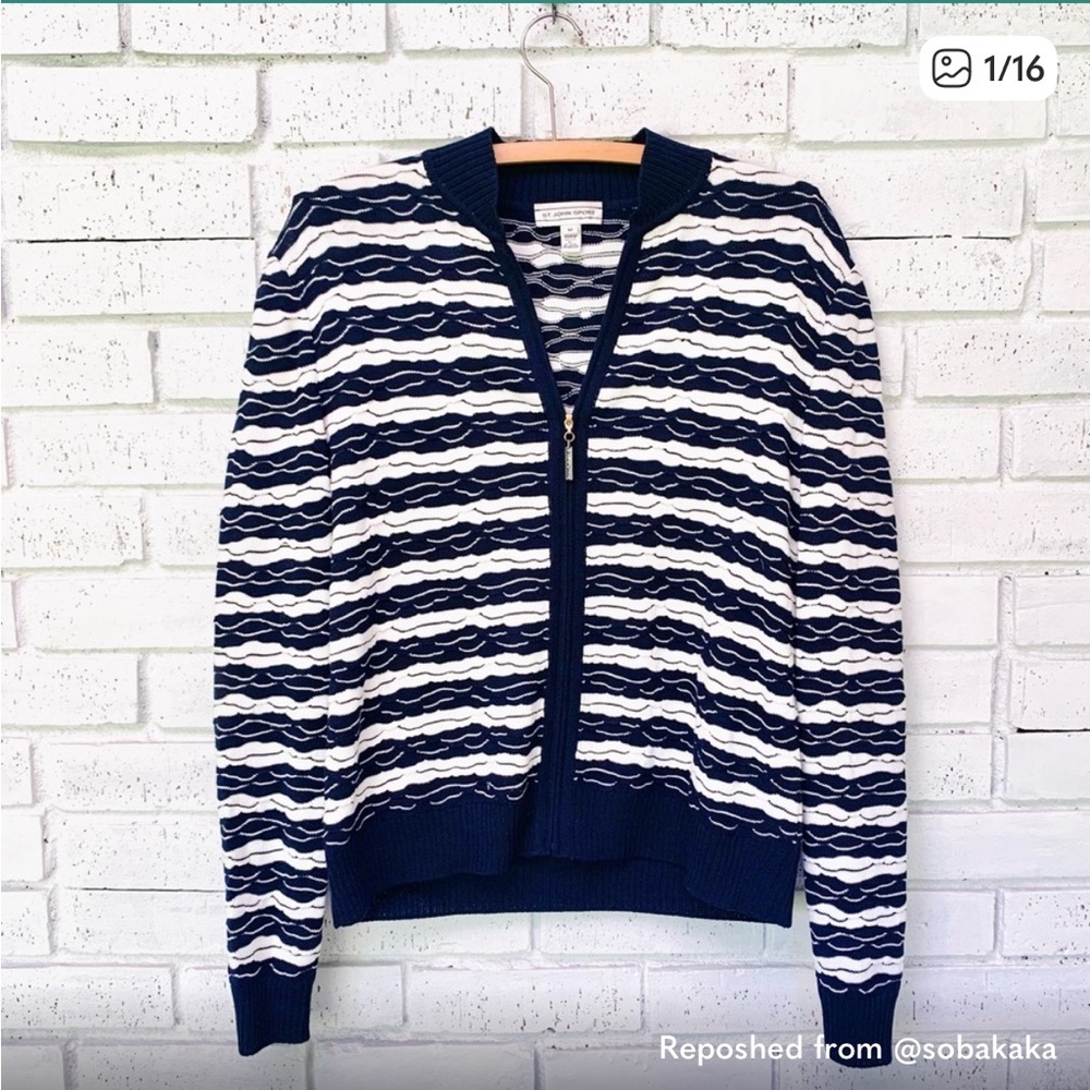 St. John Black and Cream Wave Pattern Bomber Jacket